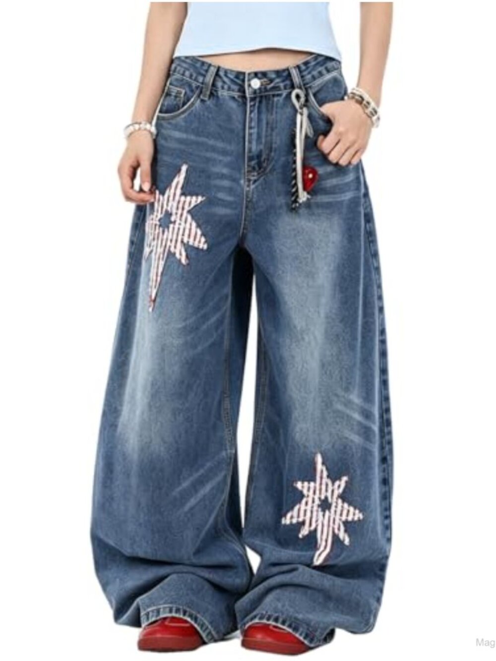 High Waisted Wide Leg Baggy Jeans Patchwork Washed Denim Casual Pants